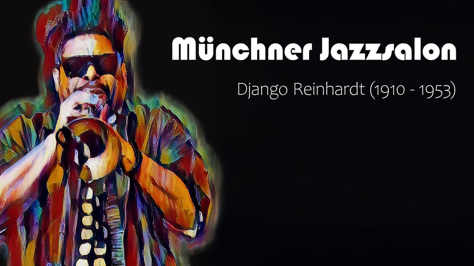 grafik mit Zeichnung von bunt gekleidetem Musiker mit Instrument auf schwarzem Hintergrund mit weißer AUfschrift