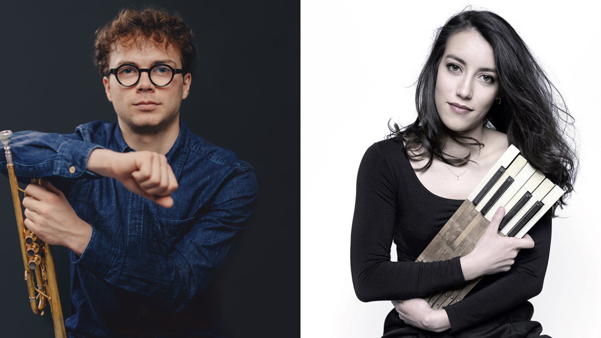 Collage aus zwei Fotos von Robin Paillet in blauem Hemd und runder Brille, der eine Trompete hält, sowie Mathilde Nguyen in schwarzer Kleidung, die ein kleines Tasteninstrument in den Armen hält, vor dunklem beziehungsweise hellem Hintergrund