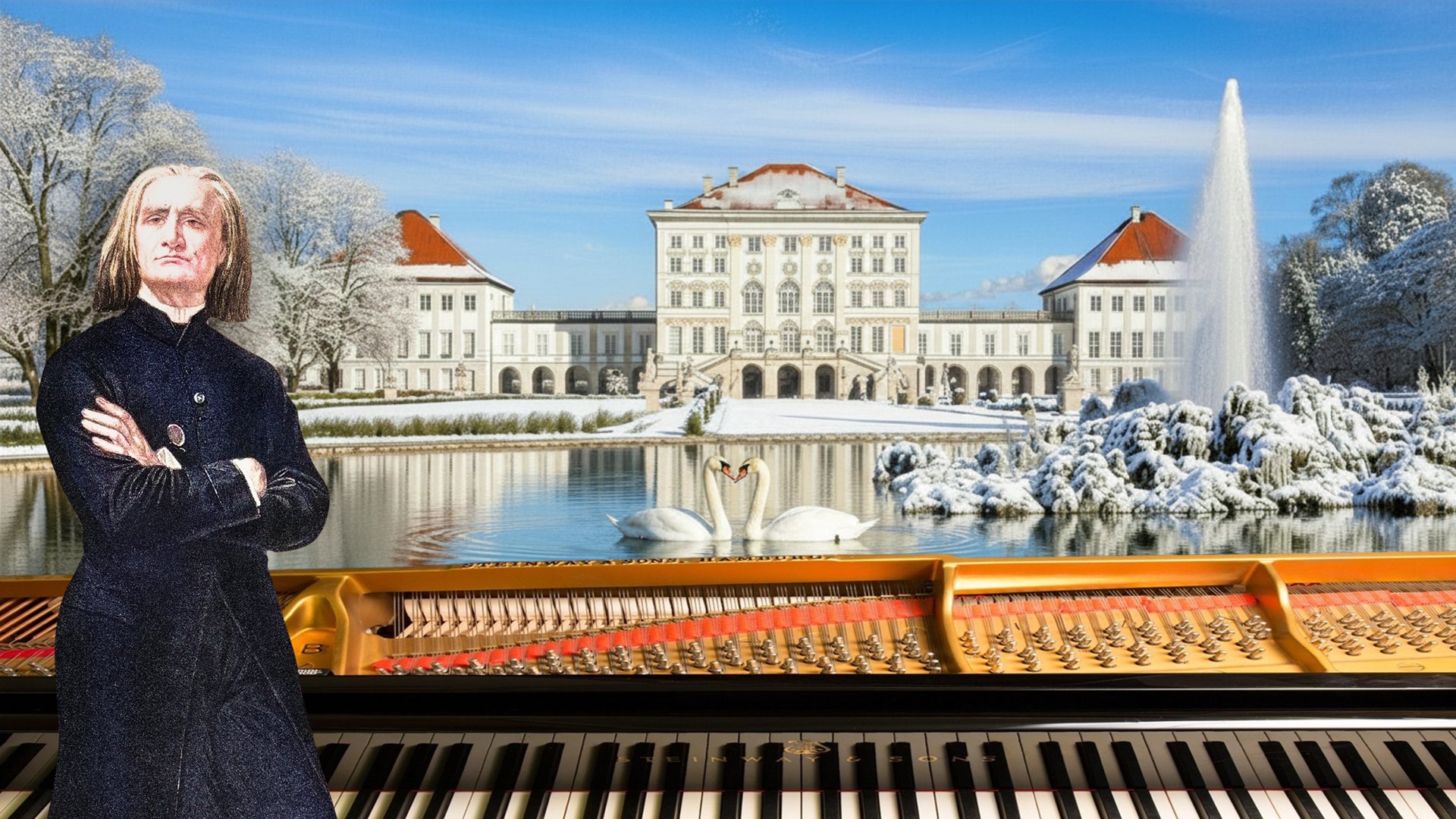 Historischer Komponist vor einem Schloss in Winterlandschaft mit Seeblick und einem Klavier im Vordergrund.