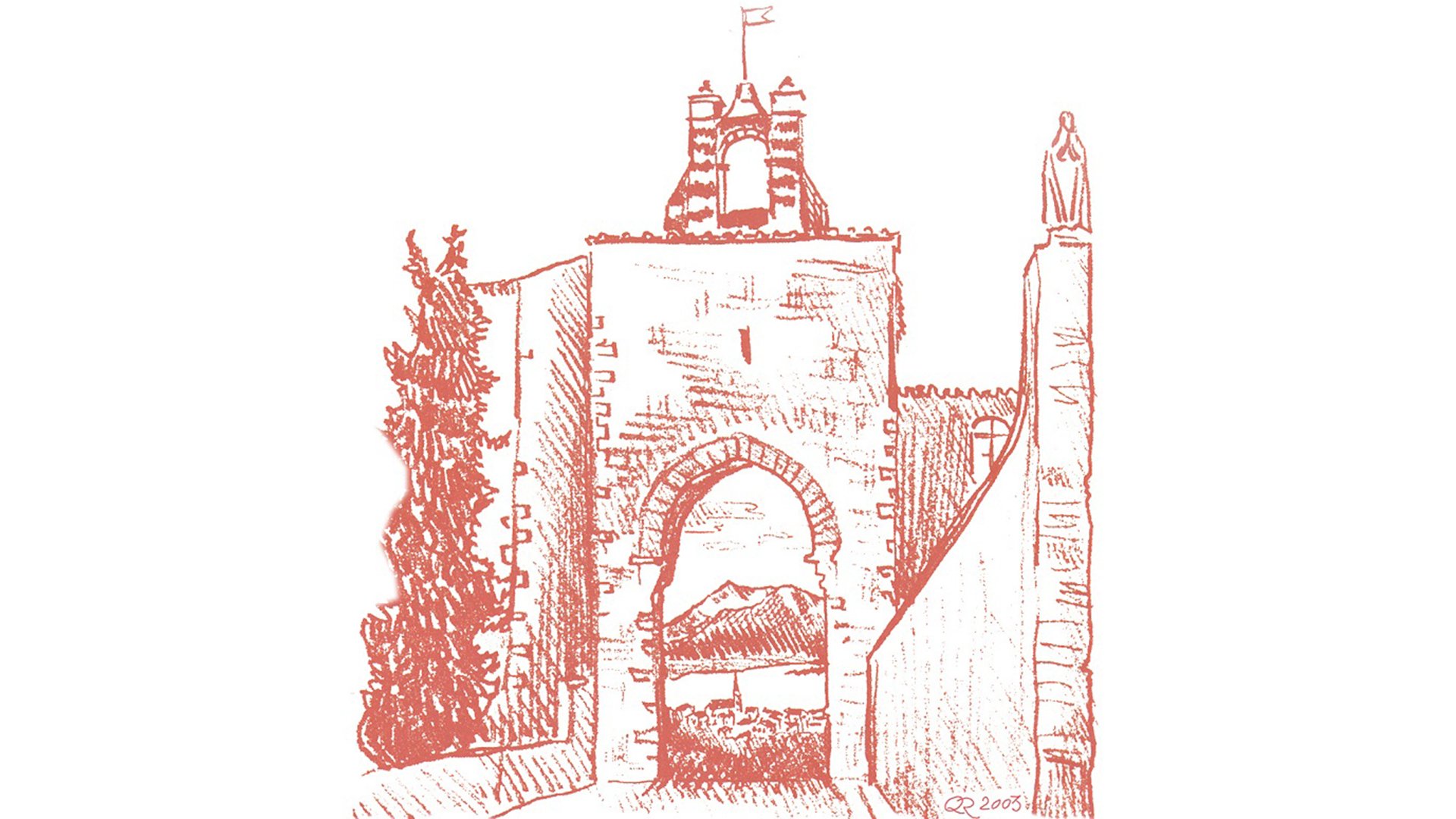 Rötliche Zeichnung eines historischen Stadttors mit Bogen und Türmchen; rechts eine Statue auf einer Säule, im Hintergrund Berge sichtbar.