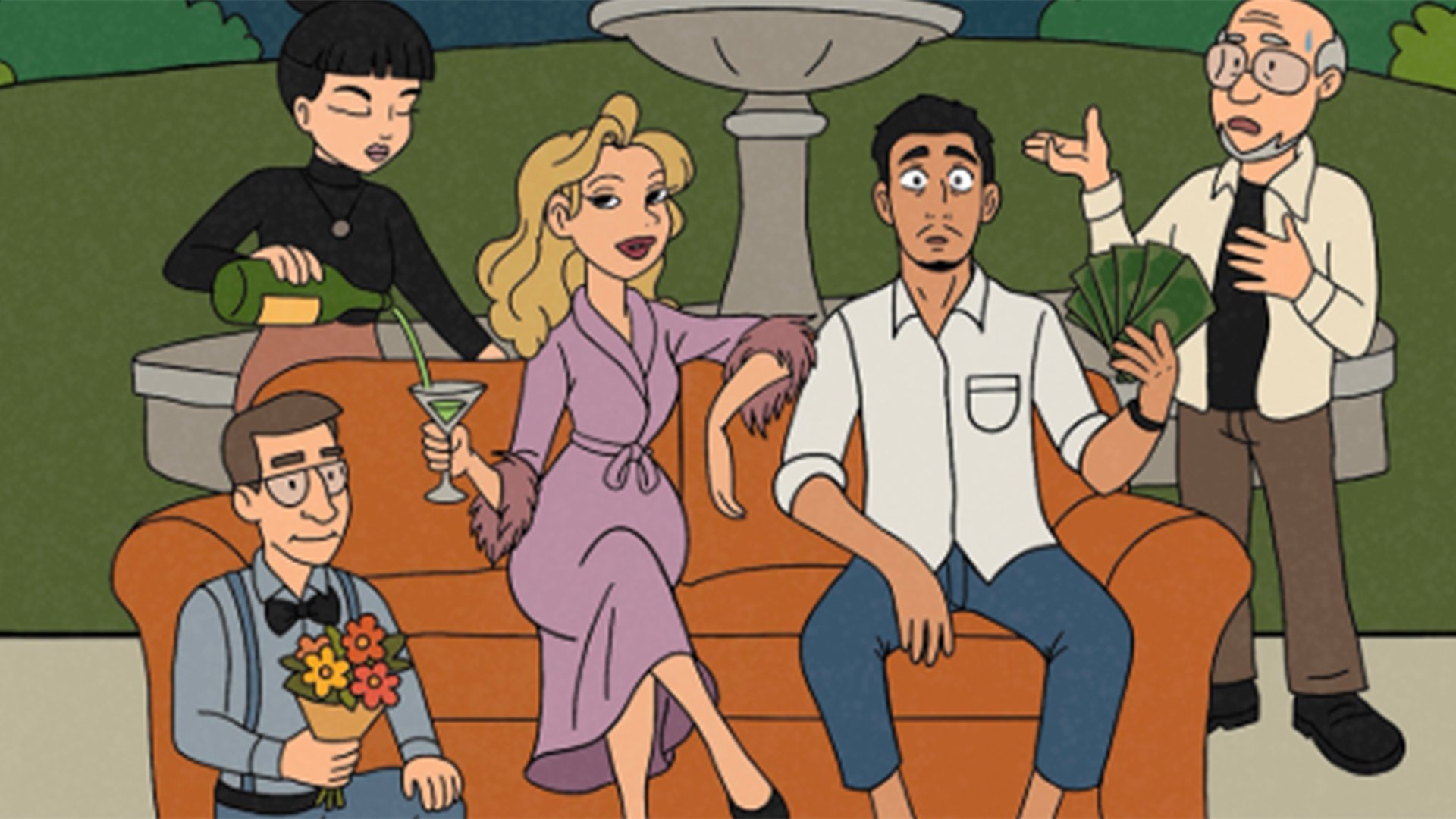 Illustration zu Miss Otis lässt bitten mit fünf gezeichneten Figuren rund um ein orangefarbenes Sofa vor einem Springbrunnen, darunter eine Person mit Geldscheinen, eine mit Blumenstrauß und eine mit Cocktailglas, im Stil einer Krimikomödie