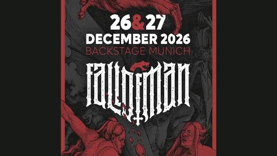 Konzertplakat mit roter und schwarzer Illustration und der Aufschrift Fall of Man, 26 & 27 Dezember 2026 und Backstage Munich