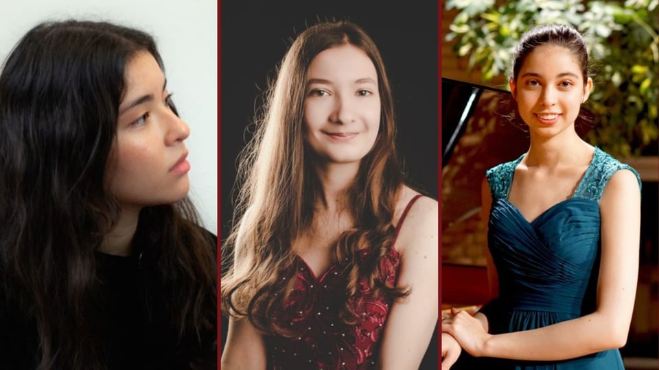 Eine Collage für die Veranstaltung NEXT GENERATION II mit dem Bild von drei jungen Pianistinnen.