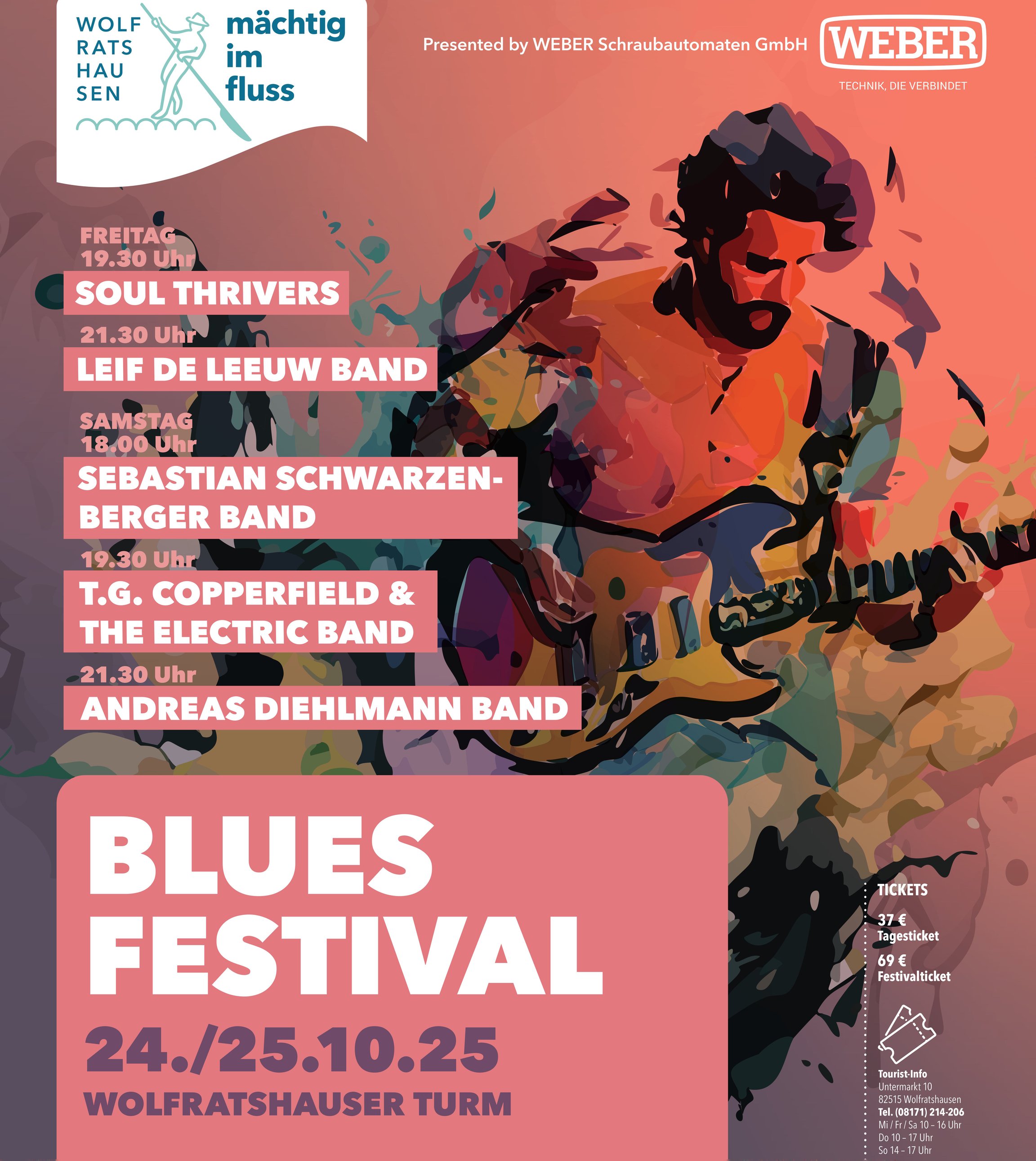 Festivalplakat für ein Bluesfestival in München. Ein stilisierter Mann mit Gitarre in Rosa-, Orange- und Gelbtönen. Verschiedene Typografien präsentieren Künstler und Auftrittszeiten – lebendig und voller Festivalstimmung.