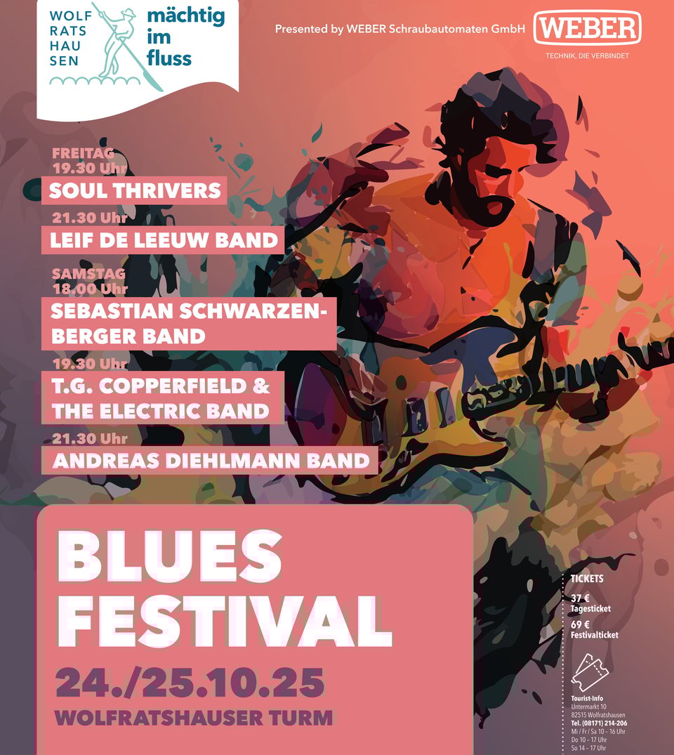 Festivalplakat für ein Bluesfestival in München. Ein stilisierter Mann mit Gitarre in Rosa-, Orange- und Gelbtönen. Verschiedene Typografien präsentieren Künstler und Auftrittszeiten – lebendig und voller Festivalstimmung.