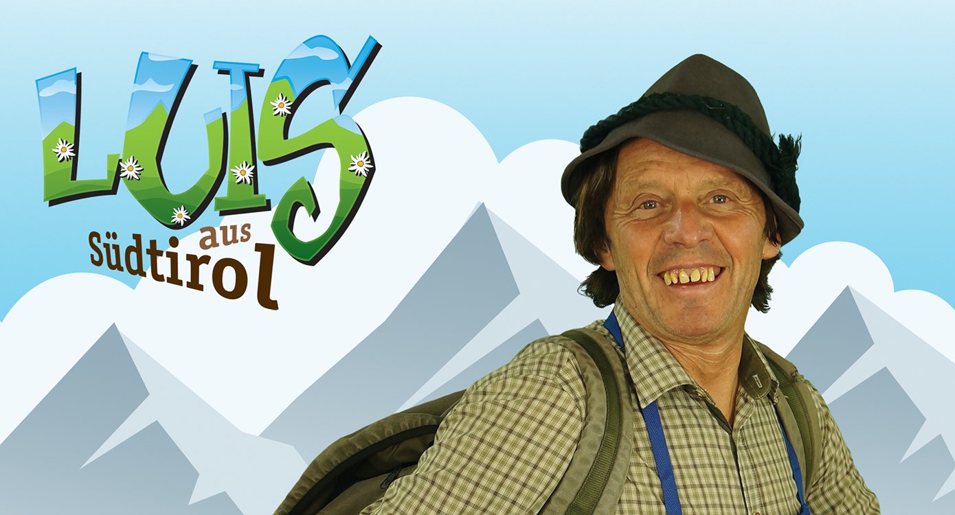 eine Illustration von "Luis aus Südtirol unterwegs... seit über 20 Jahren". Sie zeigt einen Herrn und im Hintergrund ist eine Berglandschaft abgebildet.