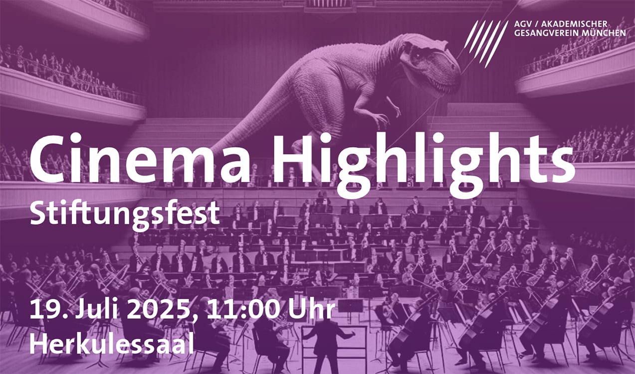 weiße Grafik mit Orchester im Hintergrund in lila