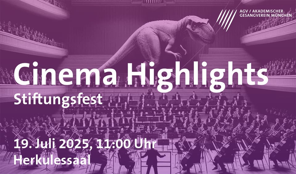 weiße Grafik mit Orchester im Hintergrund in lila