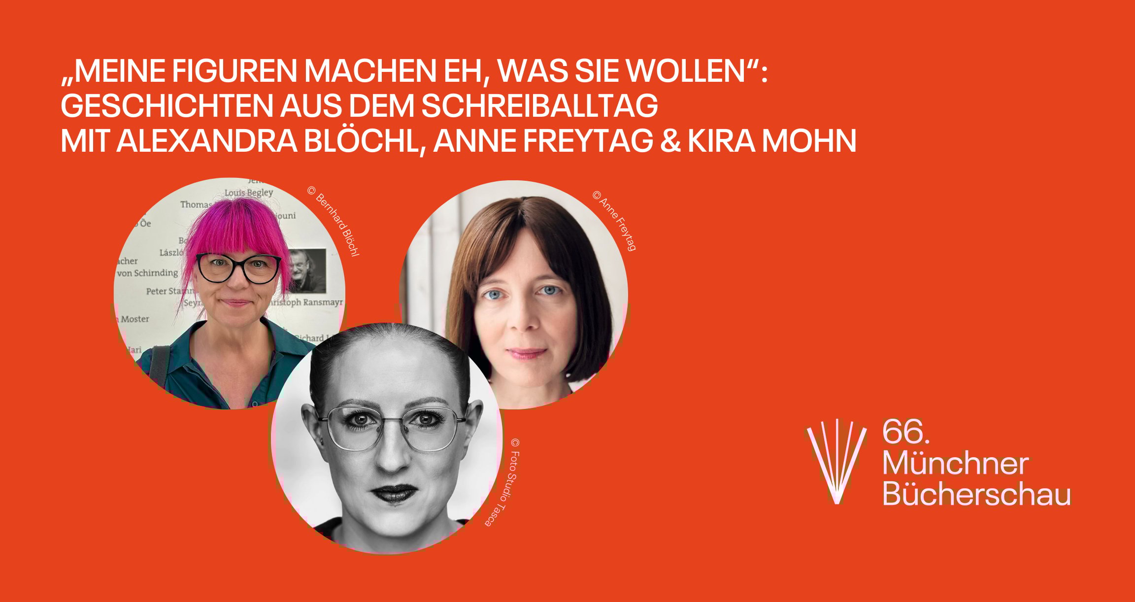 Grafik mit einem orangenen Hintergrund und drei Fotos mit jeweils einer Person