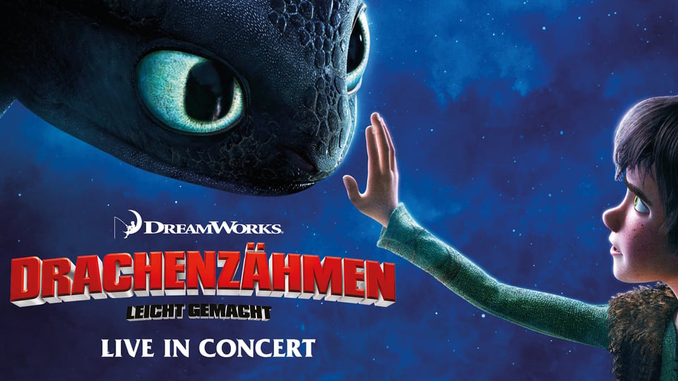 Drachenzähmen leicht gemacht – Live in Concert: Figur reicht Drachen die Hand vor Sternenhimmel, mit Titel und DreamWorks-Logo