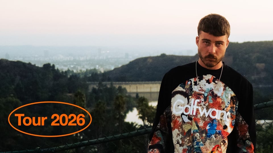 Der Künstler in einem Pullover mit buntem Aufdruck, im Hintergrund Landschaft mit Hügeln und Bebauung