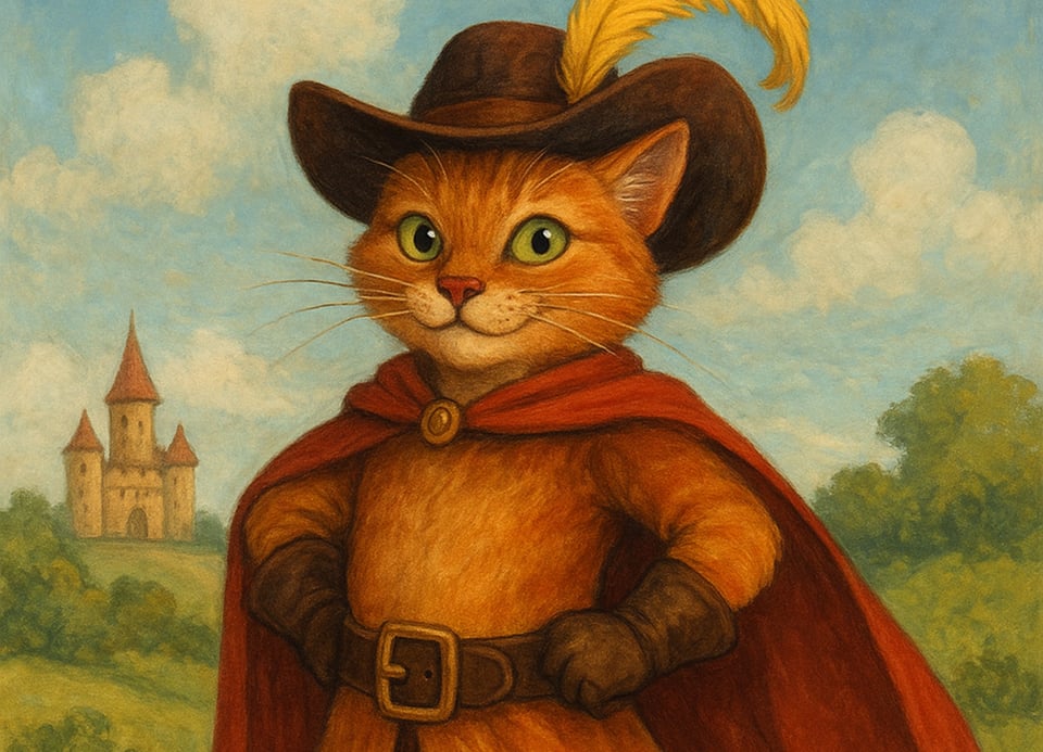 Eine Illustration vom gestiefelten Kater mit einem Schloss im Hintergrund