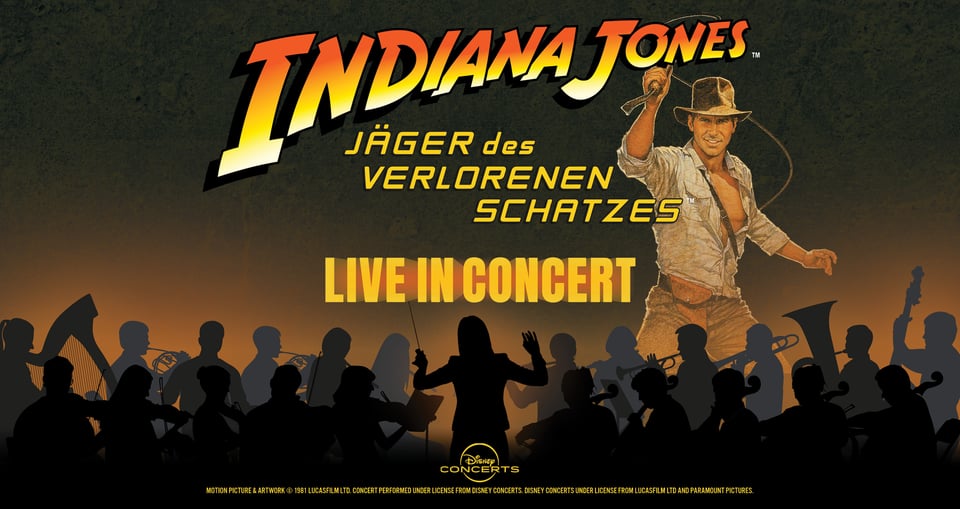 Plakat der Veranstaltung, mit einem Bild von Indiana Jones und der Silhouette eines Orchesters darunter