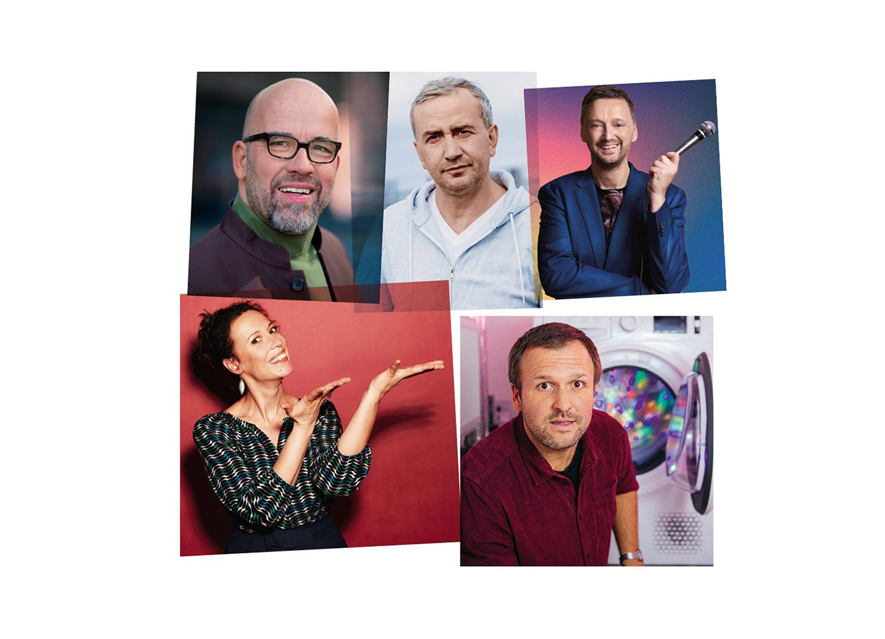 Collage von Portraits von einer Dame und vier Herren