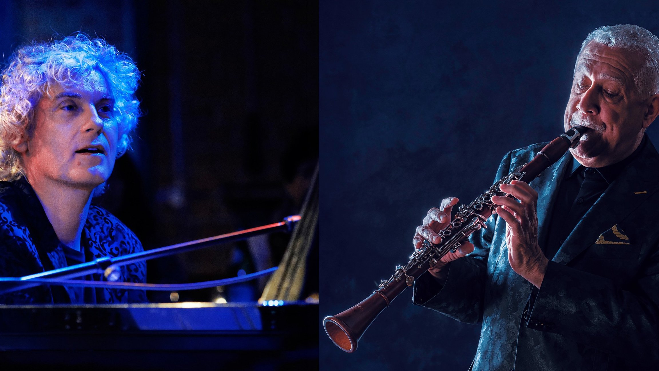 Eine Collage aus zwei Bildern von zwei Künstlern, einer davon Paquito D'Rivera zu der Veranstaltung Latin Jazz der Extraklasse mit Instrumenten vor dunklem Hintergrund