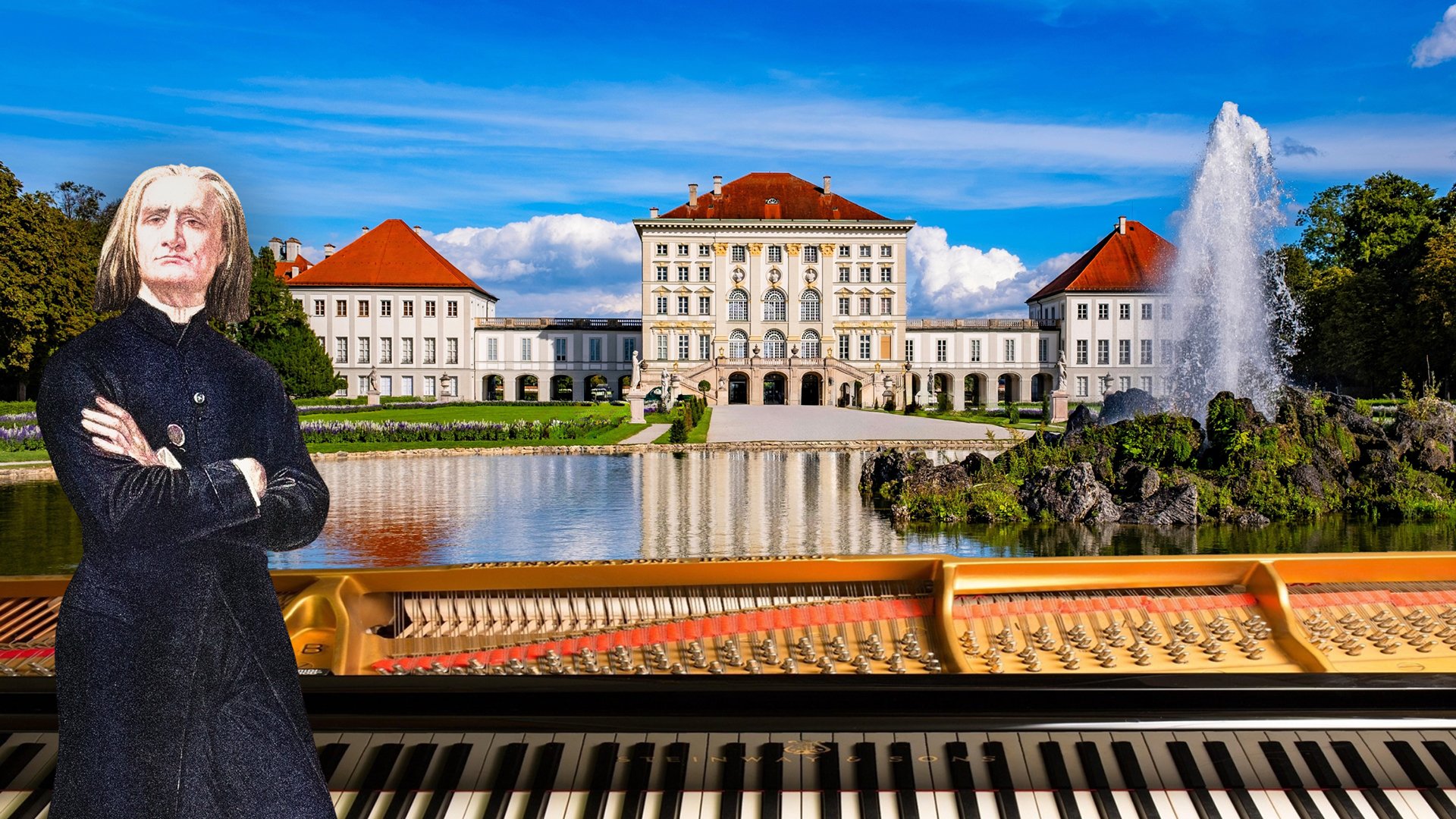 Historischer Komponist vor einem Schloss mit Seeblick und einem Klavier im Vordergrund.