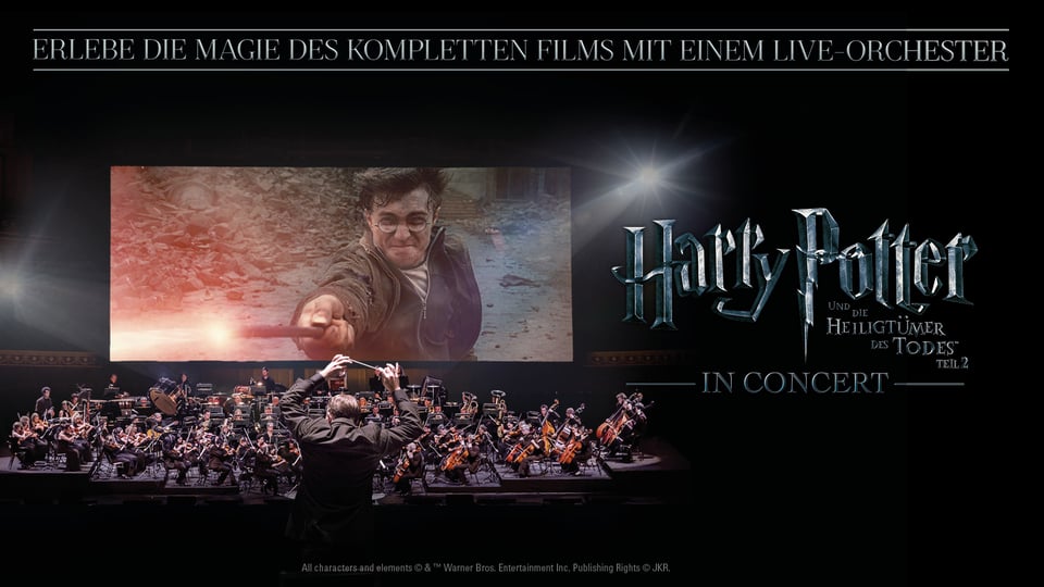 Plakat mit Ankündigung des Konzertes sowie Orchester und ein Bild von Harry Potter auf einer Leinwand