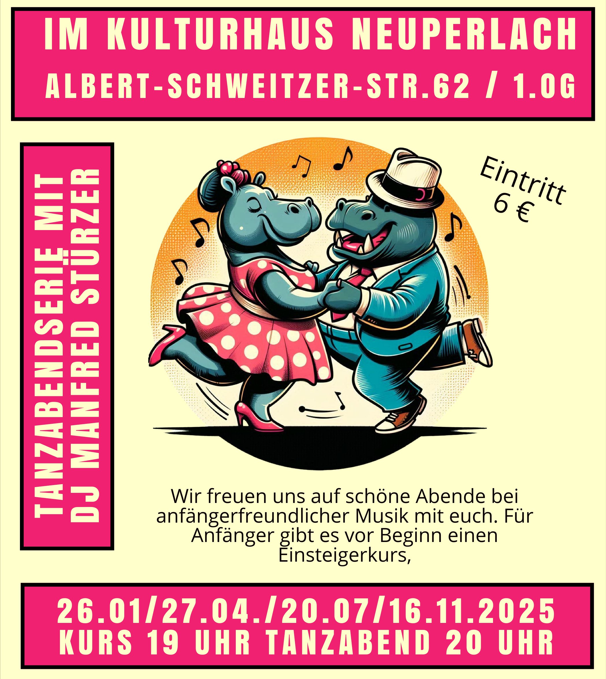 Poster der Veranstaltung mit einer Illustration von tanzenden Nilpferden auf gelbem Hintergrund