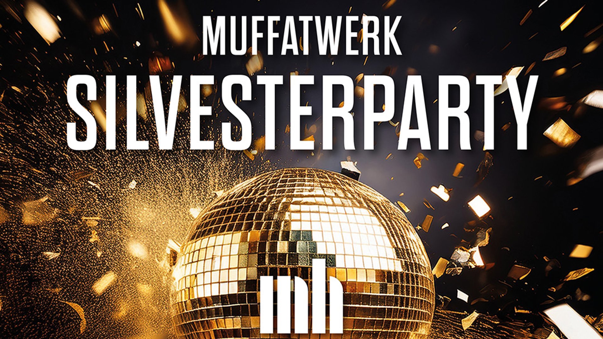 Grafik in gold-schwarz mit goldener Discokugel und weißer Aufschrift