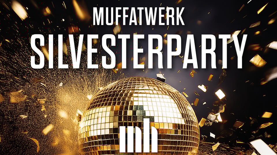 Grafik in gold-schwarz mit goldener Discokugel und weißer Aufschrift