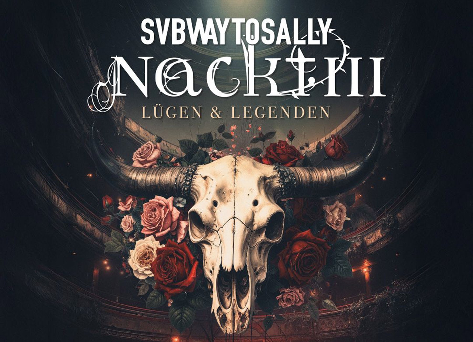 Eventposter zu SUBWAY TO SALLY – NACKT III: Lügen & Legenden, mit weißer Typografie und künstlerischer Illustration