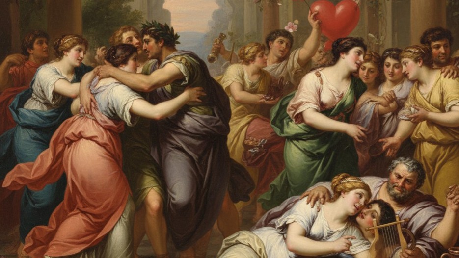 Ein KI-generiertes Bild aus der römischen Epoche mit verschiedenen Protagonisten, die sich umarmen