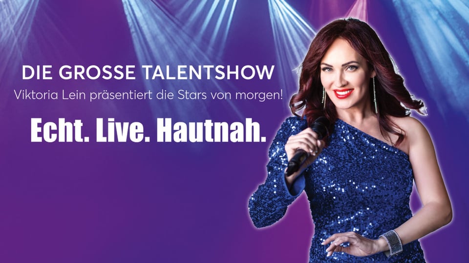 Die große Talentshow“ – Viktoria Lein mit Mikrofon auf Bühne vor lila Hintergrund und Lichtstrahlen, präsentiert Nachwuchstalente live und hautnah.