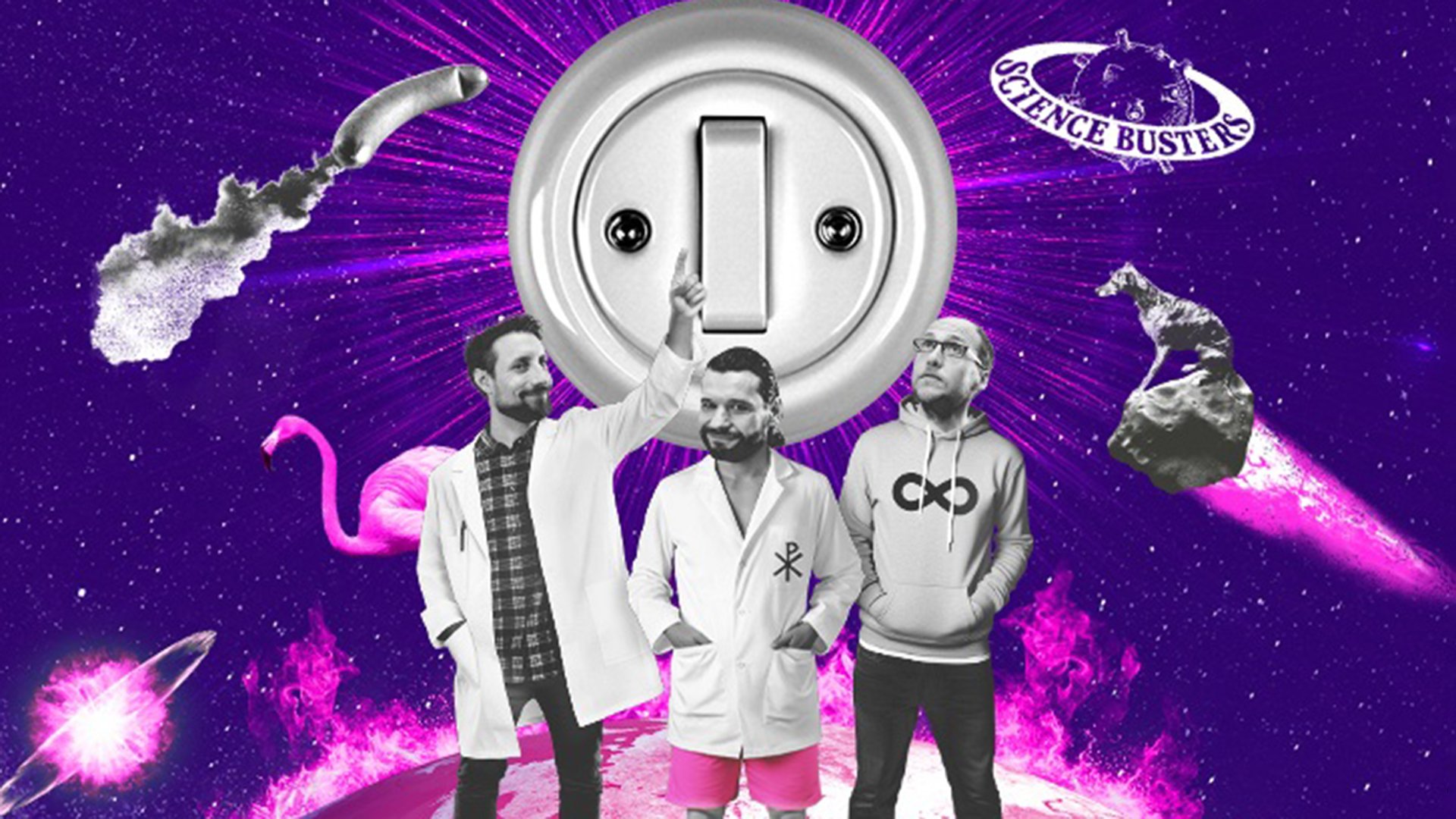 Grafik mit den Science Busters in lila und schwarz-weiß