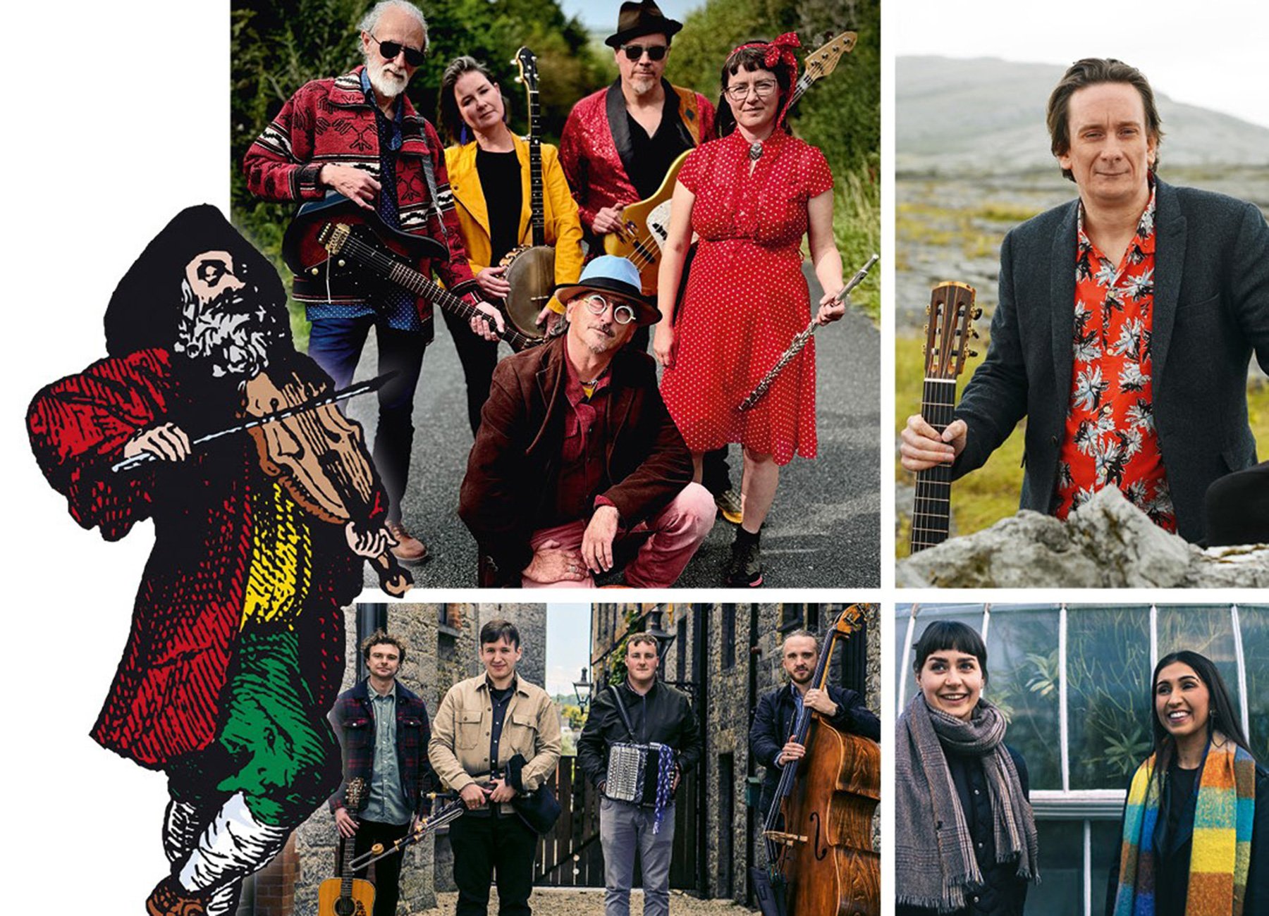Collage aus verschiedenen Bildern der Künstler und eine mittelalterliche Zeichnung eines Musikers