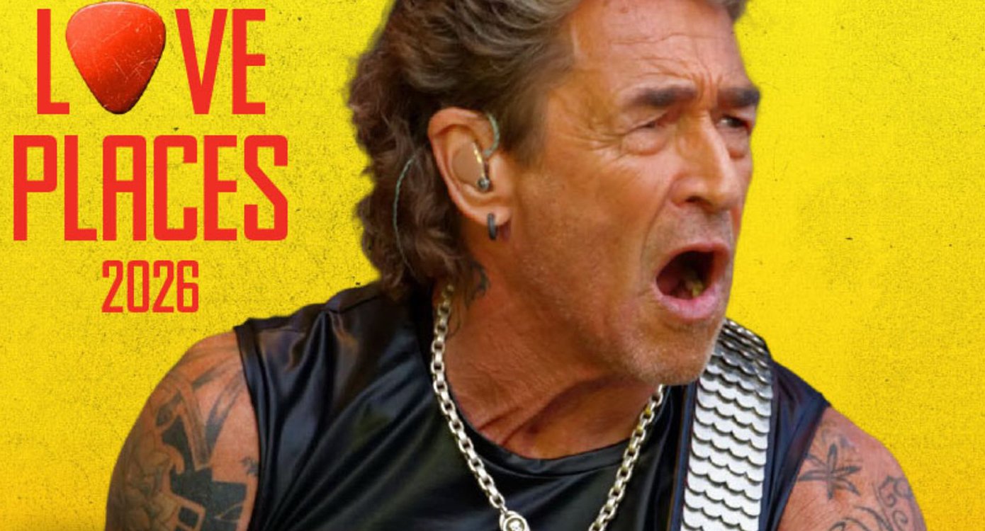 Ein Porträt des Sängers Peter Maffay mit geöffnetem Mund – vor gelbem Hintergrund und roter Typografie