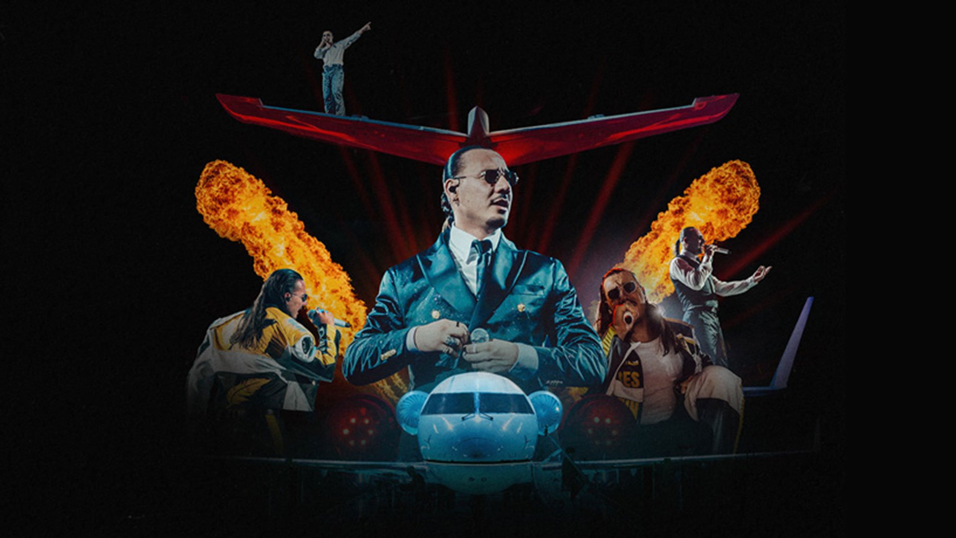 Eine Collage zum Event von Apache 107 mit fünf Bildern des Künstlers mit verschiedenen Darstellungen von Flugzeugen und Feuer vor dunklem Hintergrund