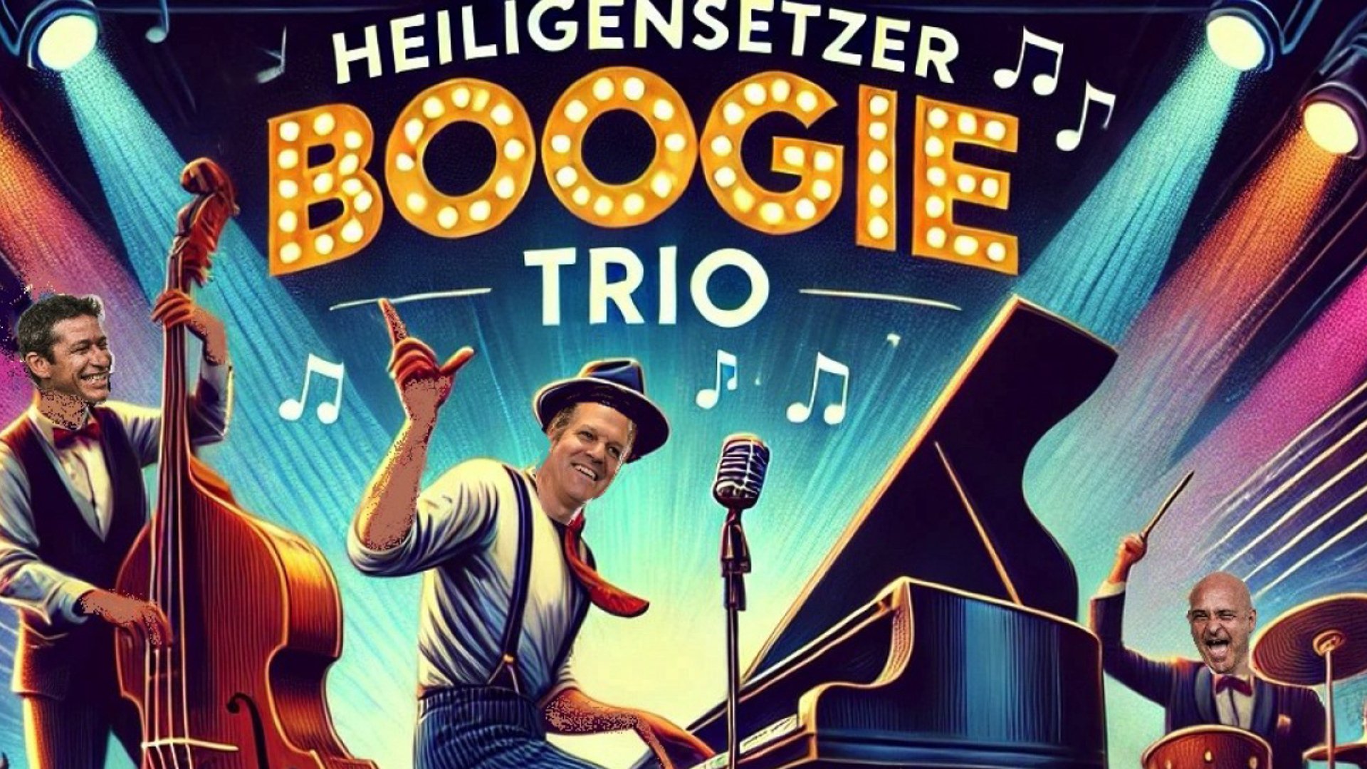 Grafik mit Aufschrift und Zeichnung von drei Musikern mit Instrumenten