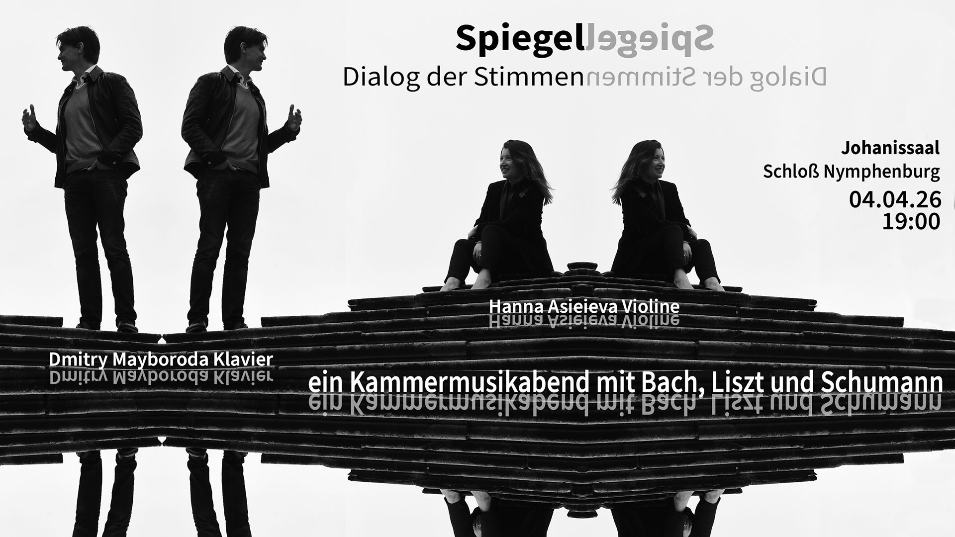 Schwarz‑weiß‑Foto für das Event Spiegel – Dialog der Stimmen mit verschiedenen Elementen und Typografie