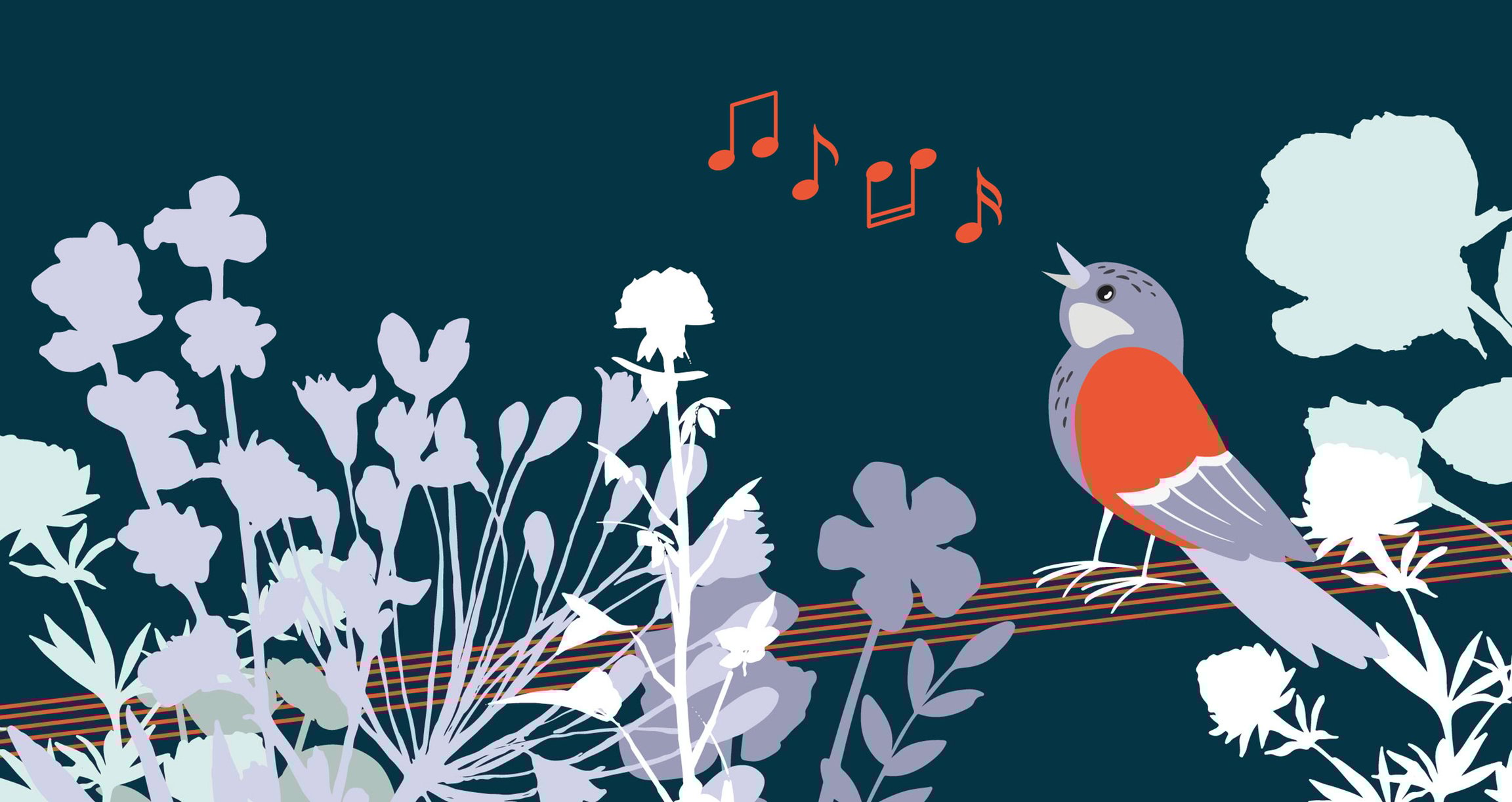 Grafik mit PPflanzen und Singvogel in blau-weiss-orange