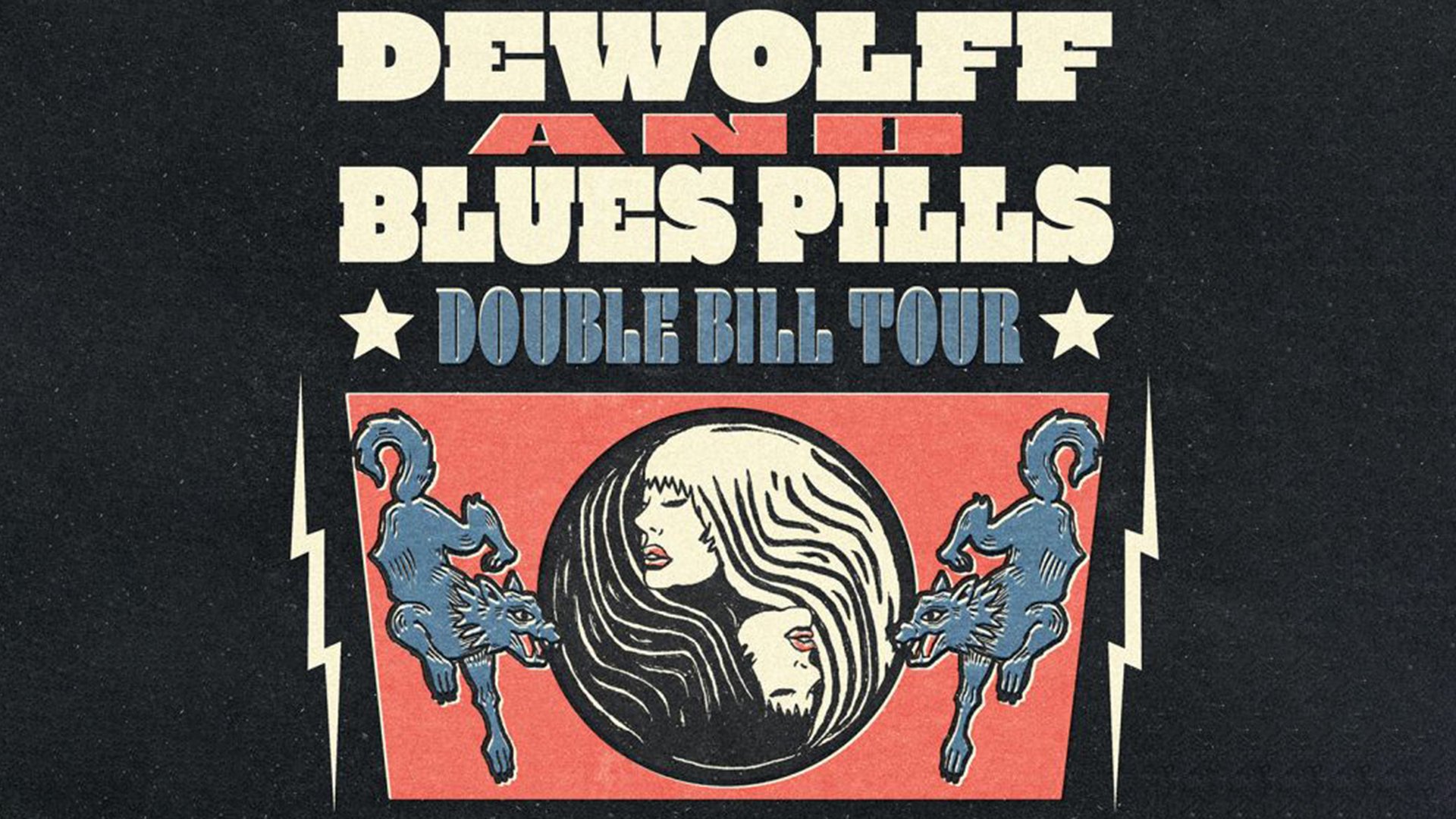 Grafik in schwarz mit Konzertankündigung und Aufschrift in blau, weiß und rosa