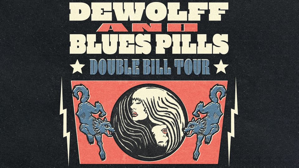 Grafik in schwarz mit Konzertankündigung und Aufschrift in blau, weiß und rosa