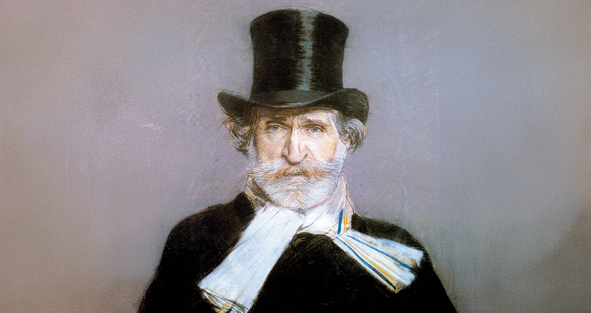 Gemäldeporträt von Giuseppe Verdi mit schwarzem Zylinder, dunklem Mantel und weißem Schal vor schlichtem grauem Hintergrund