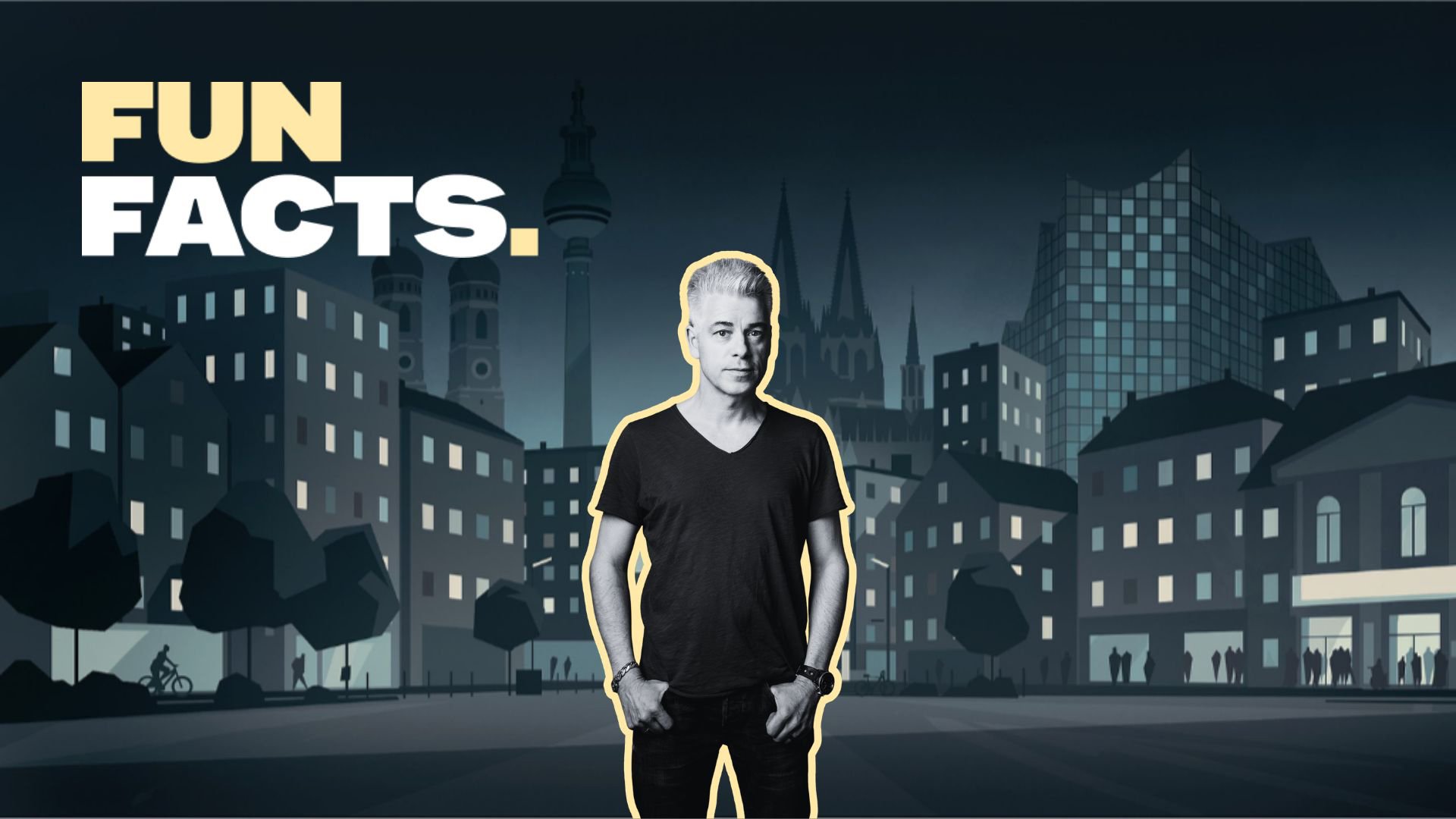 Michael Mittermeier steht vor einer stilisierten nächtlichen Stadtillustration mit dem Schriftzug ‚FUN FACTS.‘ links oben