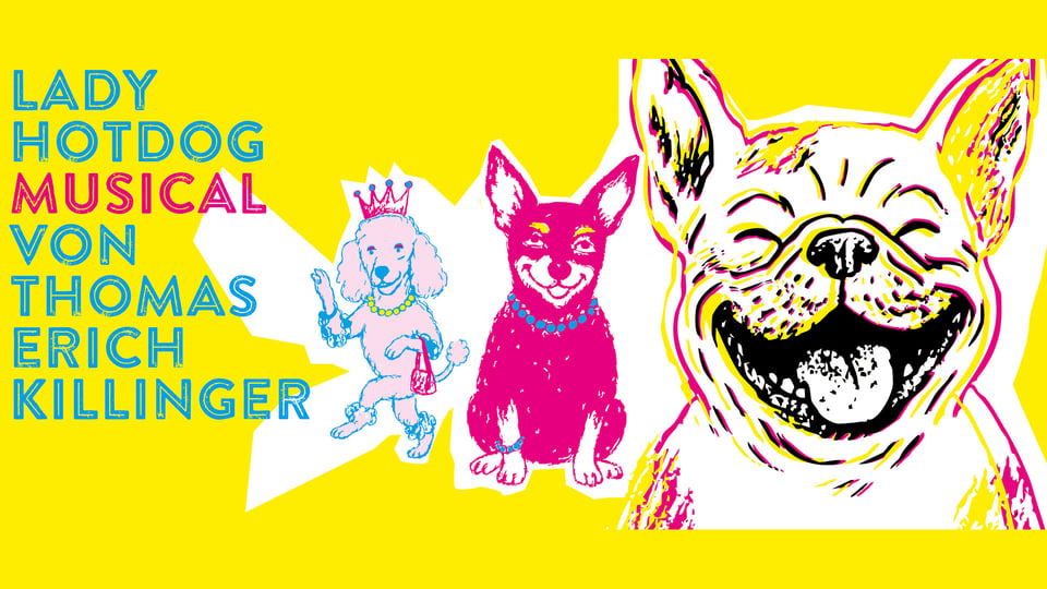 Event-Illustration für „Lady Hotdog“ mit drei gezeichneten Hunden auf gelbem Hintergrund.