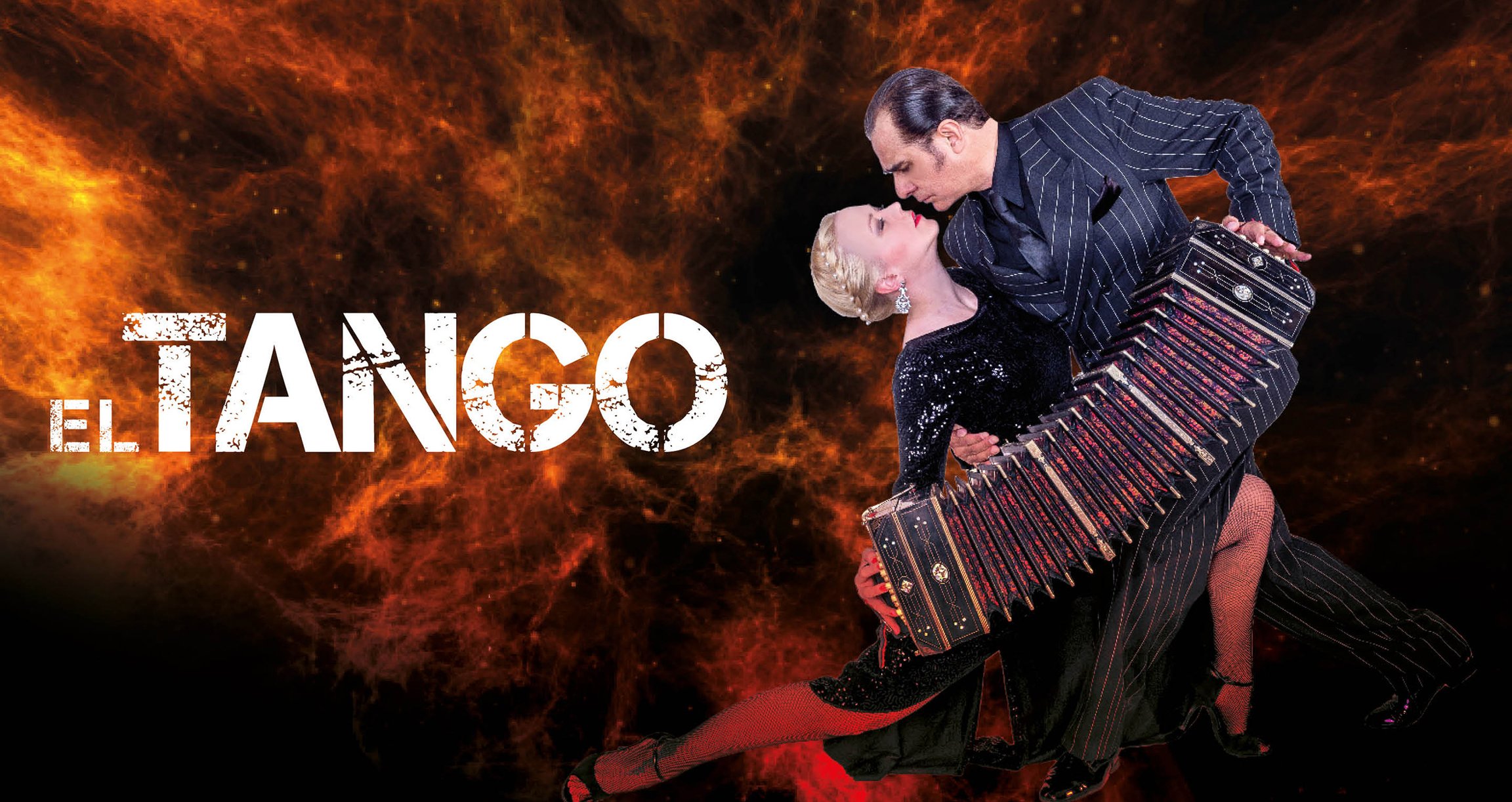 Tango-tanezndes Paar, mit Bandoneon und orange-schwarzem Hintergrund mit Aufschrift
