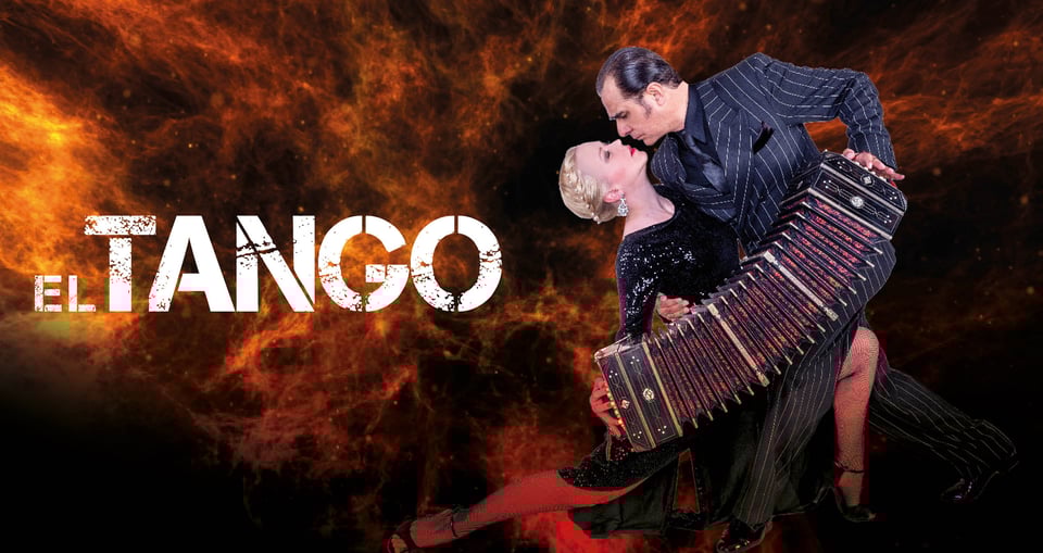 Tango-tanezndes Paar, mit Bandoneon und orange-schwarzem Hintergrund mit Aufschrift