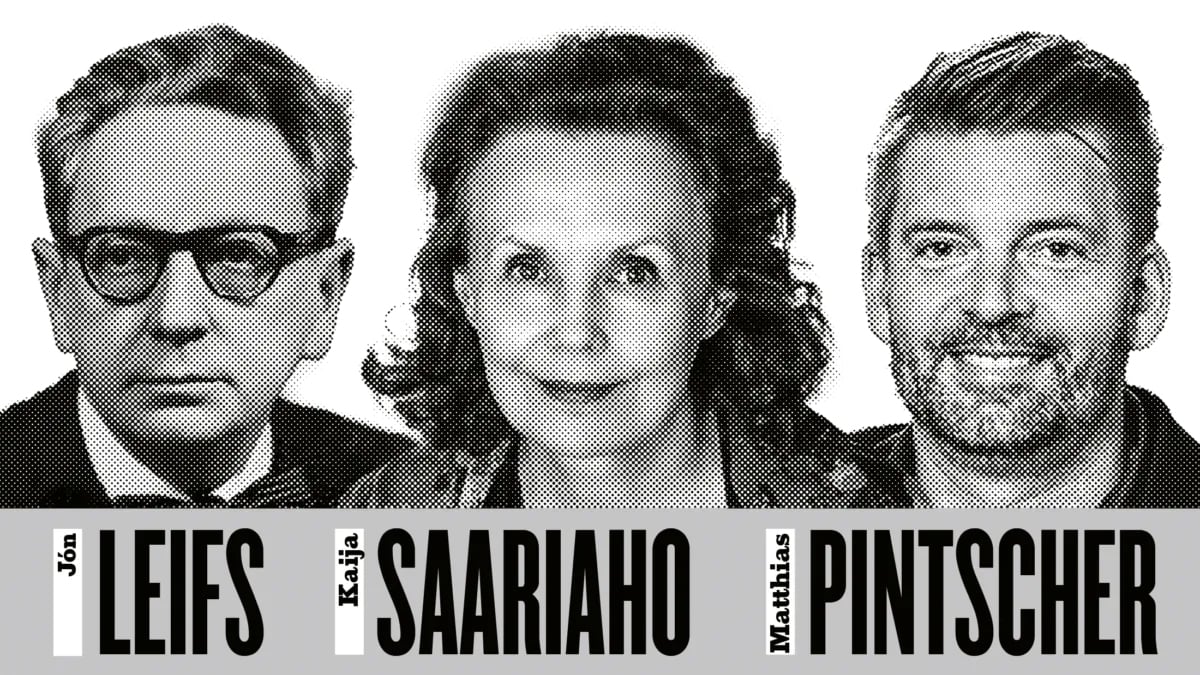 Collage von drei schwarz-weiss Portraits  der KünstlerLeifs, Saariaho und Pintscher verpixelt für die Konzertreihe Musica Viva
