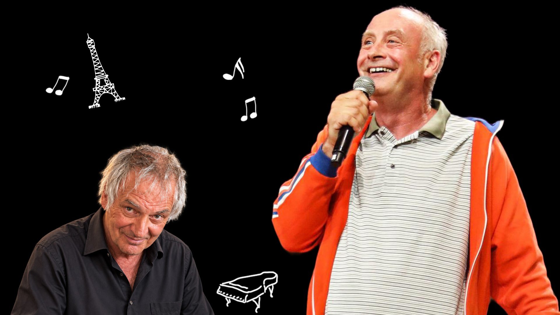 Plakat mit Alfons in orangefarbener Trainingsjacke und Mikrofon in der Hand sowie einem Pianisten im schwarzen Hemd vor schwarzem Hintergrund, ergänzt durch gezeichnete Noten, einen Eiffelturm und einen Flügel.