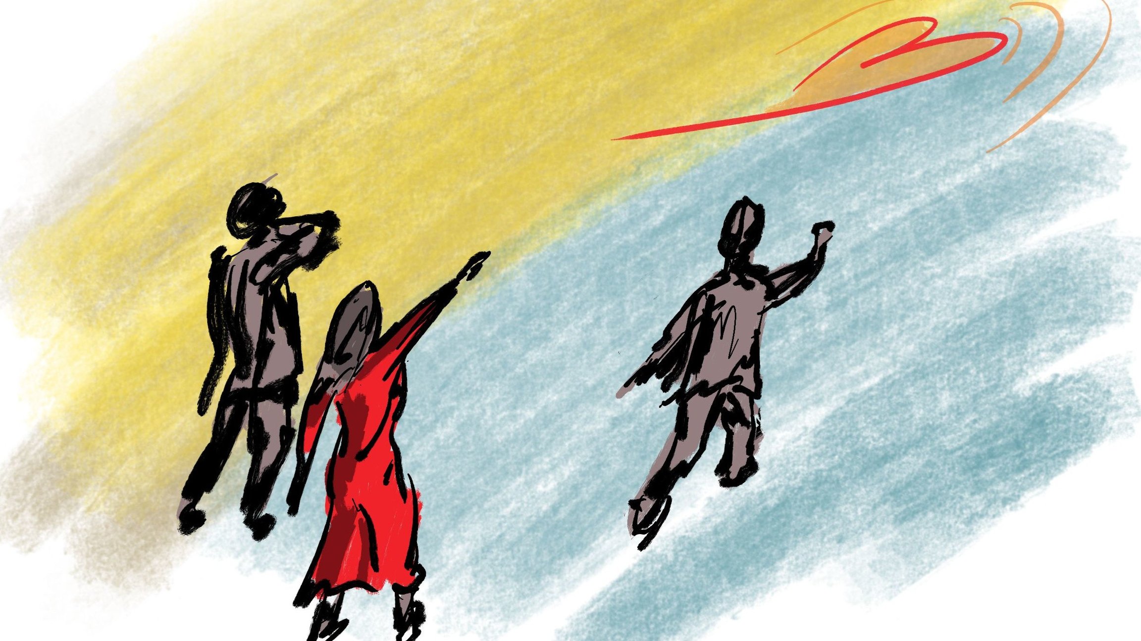 Zeichnung von drei Personen von hinten in einer Bewegung, die mittlere Person trägt ein rotes Kleid, oben im Bild ein gezeichnetes Herz