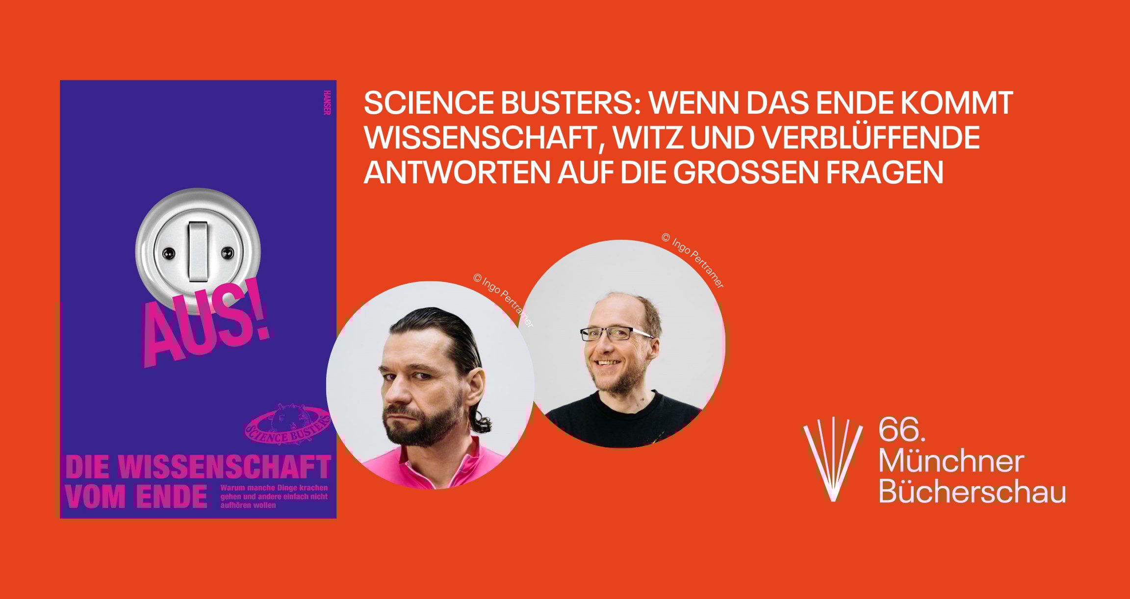 Grafik auf orangenem Hintergrund mit Buchcover und Fotos zweier Personen.