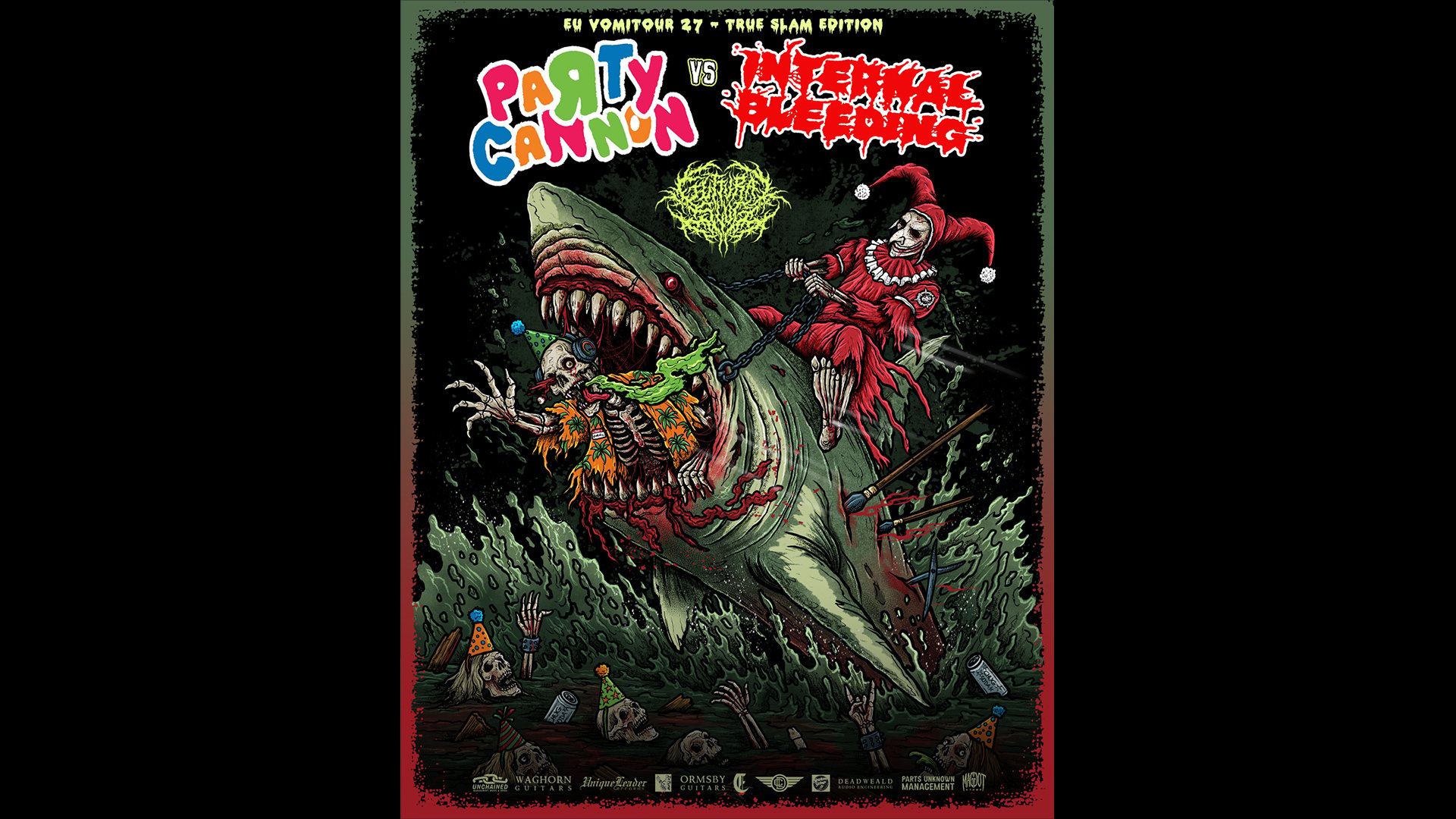 Plakat von Party Cannon vs. Mental Cruelty mit illustrativem Monsterhai, der aus dem Wasser springt, umgeben von Skeletten und Wellen, dazu eine rot gekleidete Narrenfigur auf dem Rücken des Hais sowie die Bandlogos von Party Cannon und Mental Cruelty vor schwarzem Hintergrund