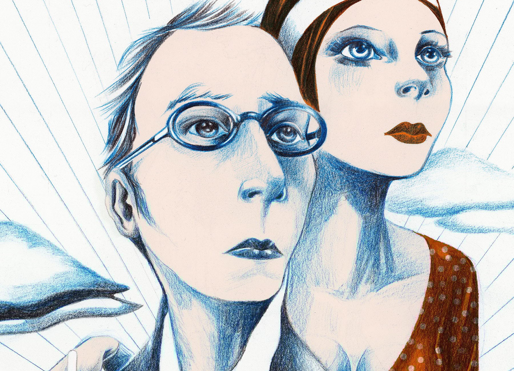 Grafik in hellblau weiss mit einem Herrn mit Brille und Dame mit braun getupftem Kleid