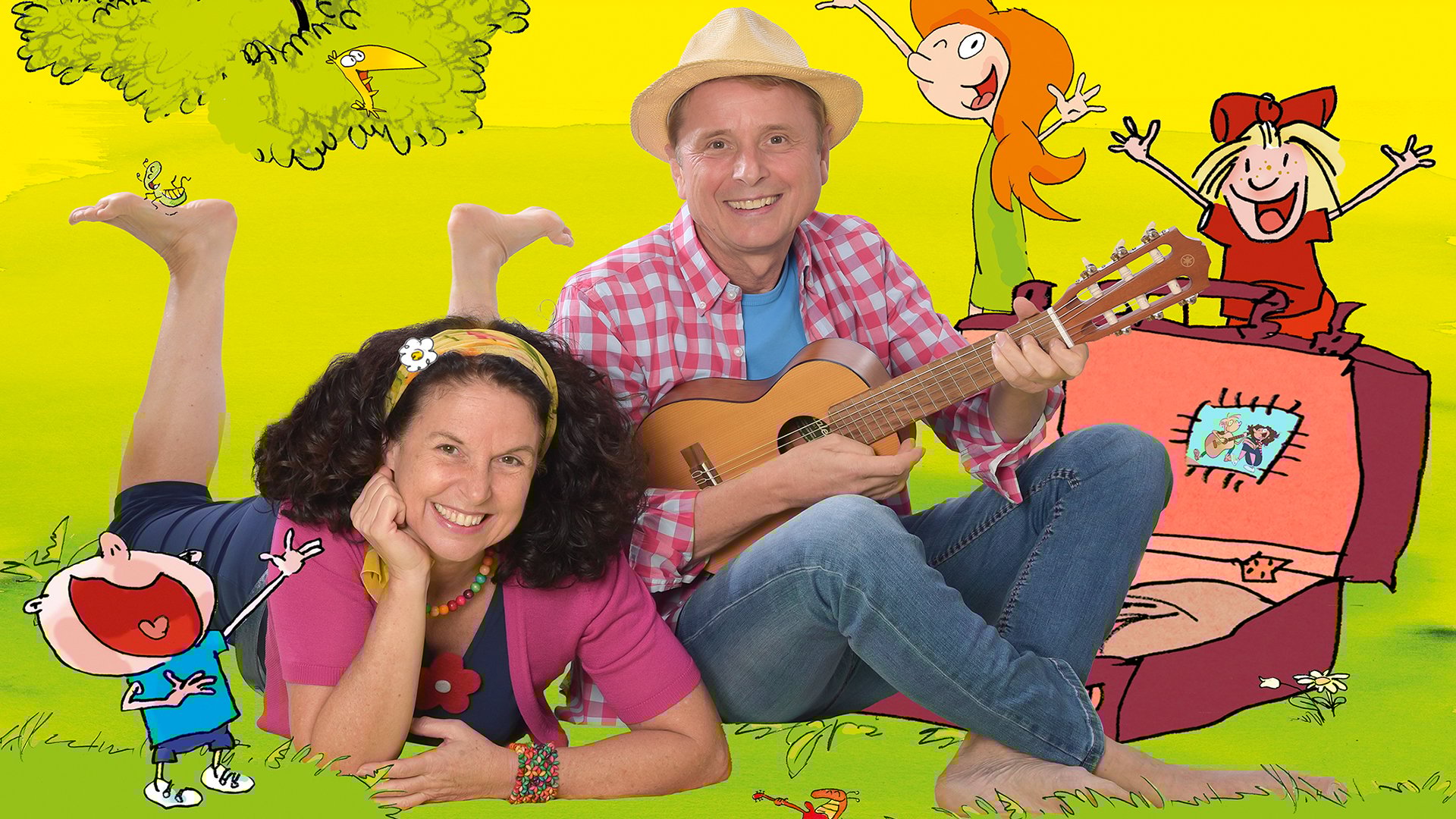 Grafik einer Wiese in gelb-grün mit gezeichneten Figuren und Foto von zwei Darstellern