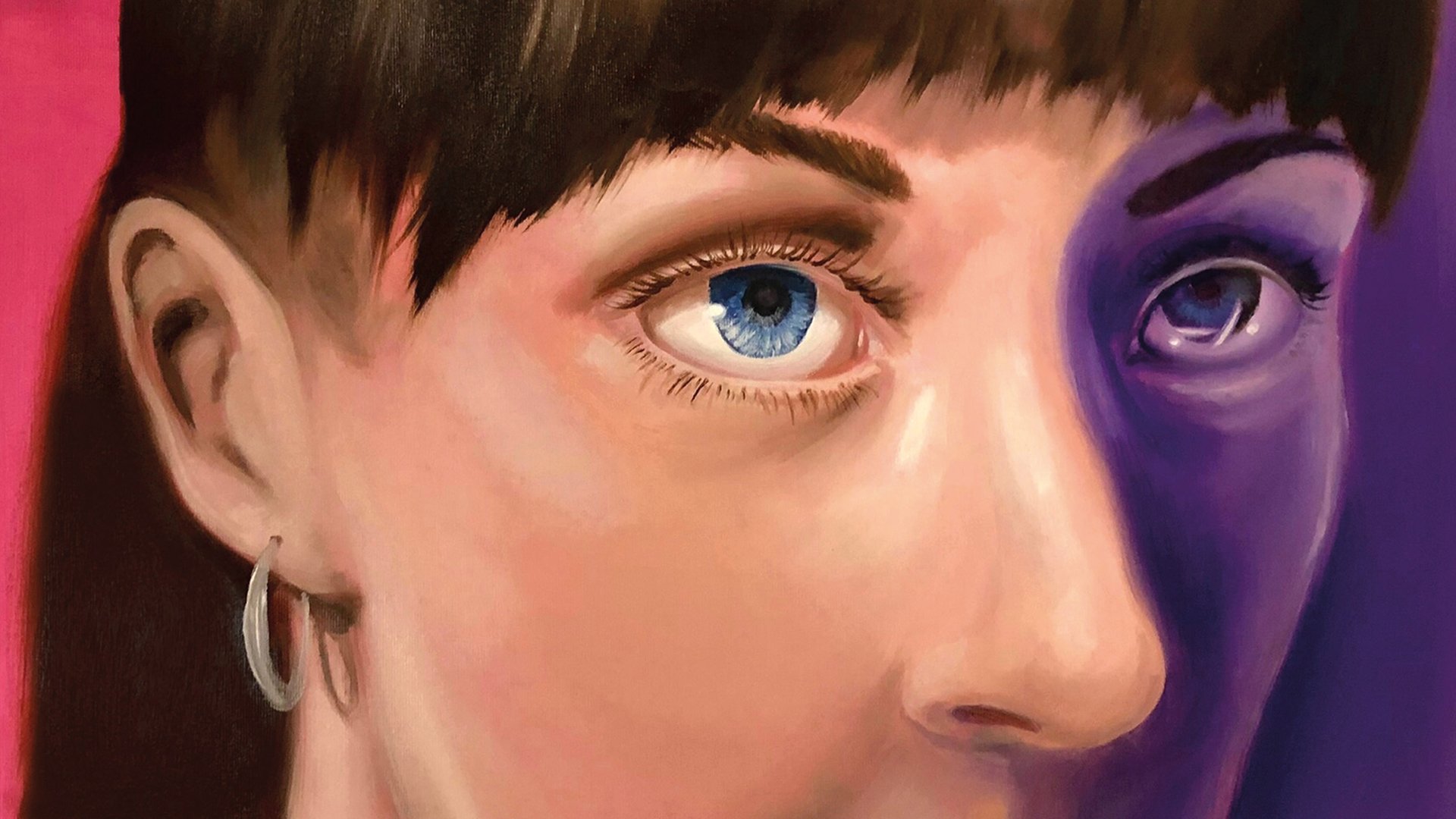 Illustration eines Gesichtes einer Frau mit einer Seite in lila