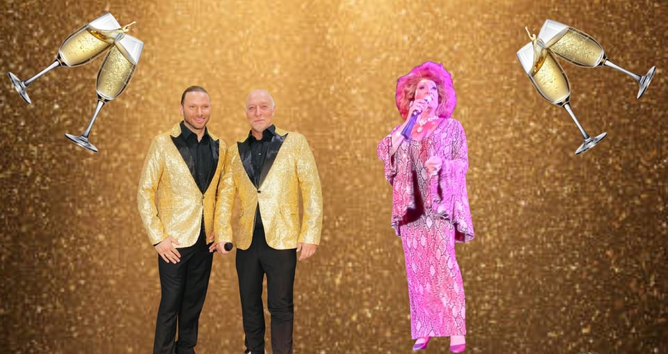 Eine Collage mit drei Personen und separat dargestellten Gläsern zum Anstoßen, vor einem glitzernden goldenen Hintergrund.